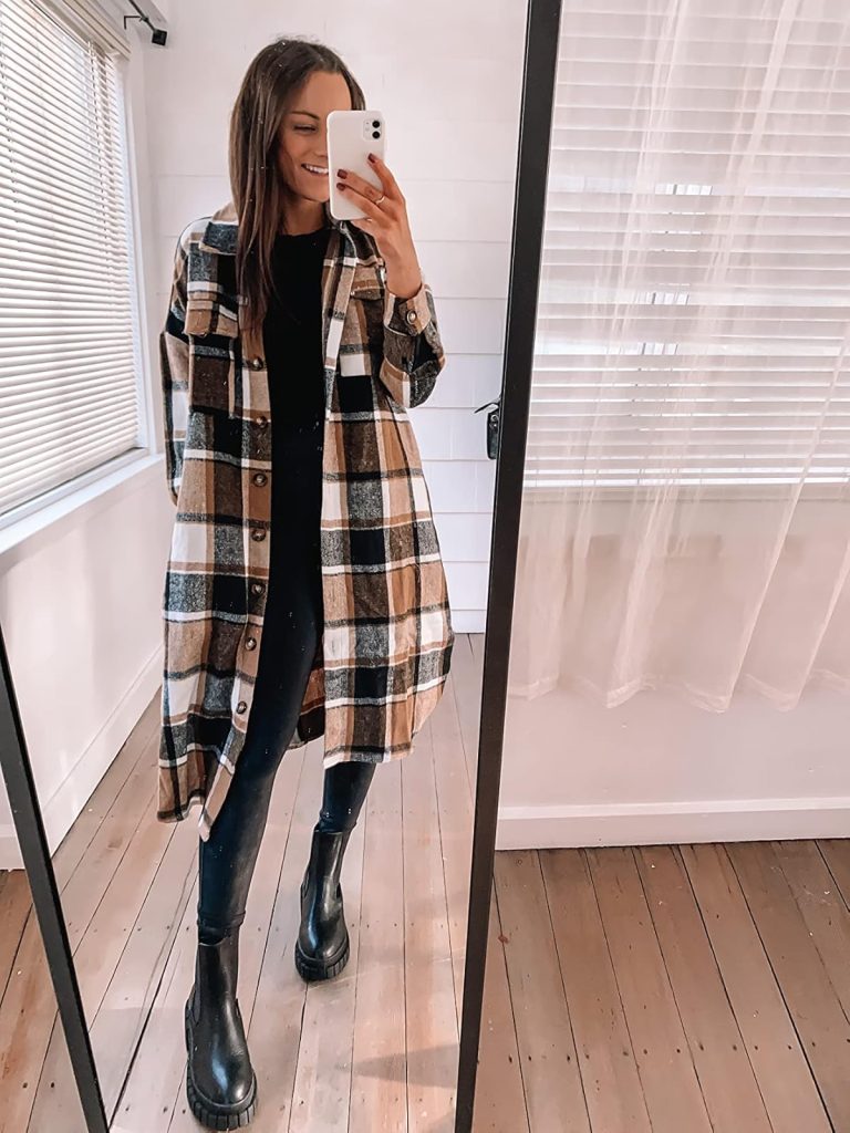 long plaid shacket outfit