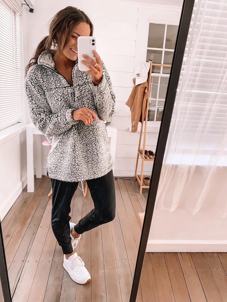 Sherpa Pullover and Black Sneakers Sherpa Pullover and Black Sneakers