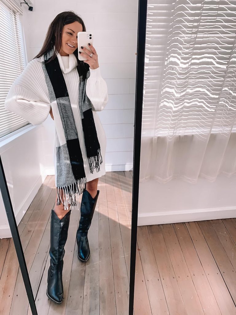 mini sweater dress with scarf
